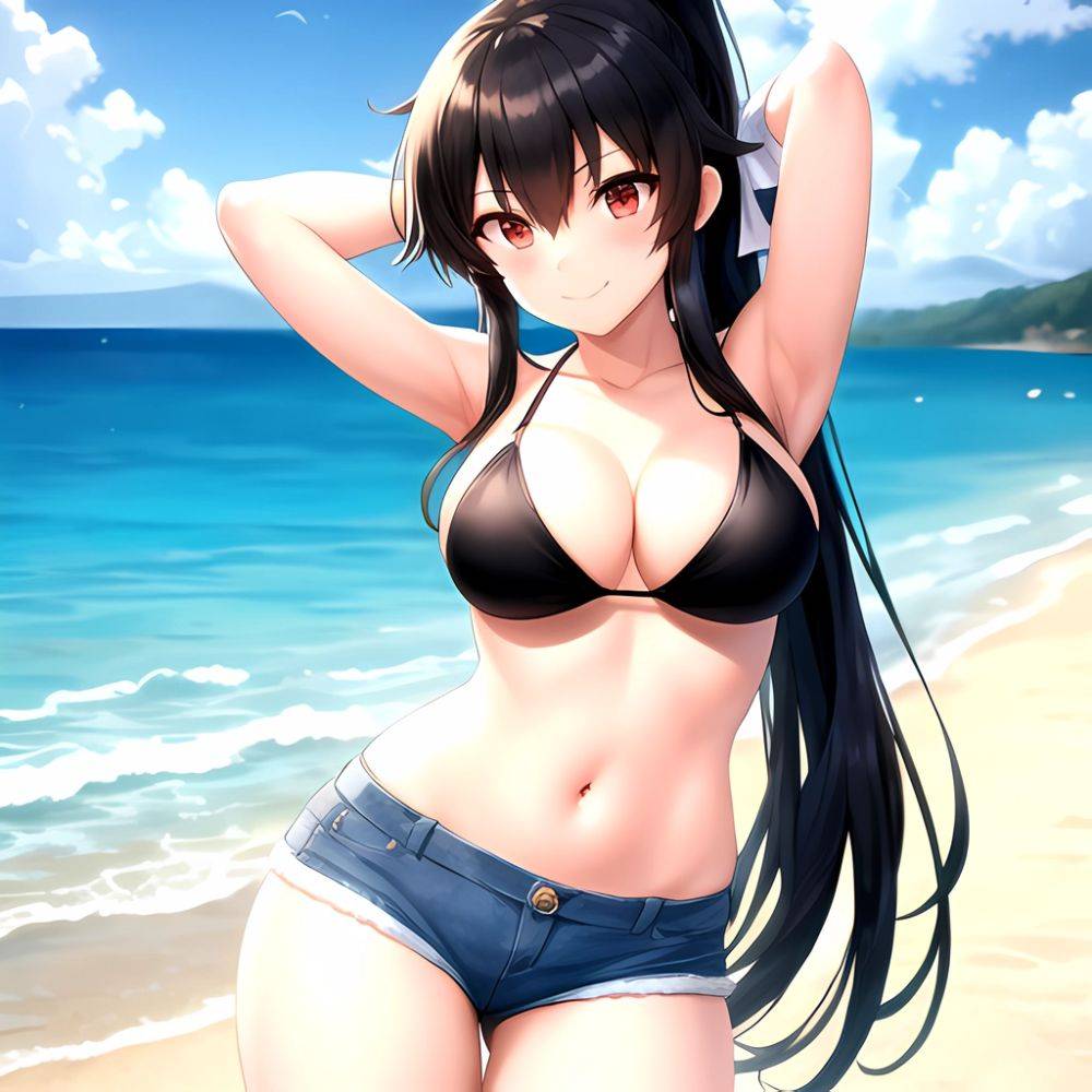 1girl Arms Behind Head Armpits Beach Bikini Bikini Under Shorts Black Bikini Black Hair Blurry Blurry Background Breasts Cleavag, 3833477932 - AIHentai - #main