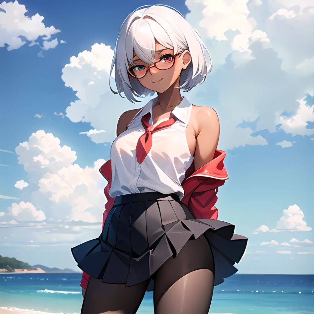 1girl Aircraft Bird Breasts Cloud Cloudy Sky Cowboy Shot Curtsey Dark Skinned Female Dark Skin Day Flashing Glasses Looking At, 665302714 - AIHentai - #main