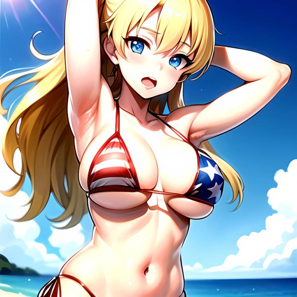 1girl American Flag Bikini Armpits Arms Behind Head Bikini Blonde Hair Blue Eyes Blush Breasts Covered Erect Nipples Flag Print, 3764598388 - AIHentai - #main