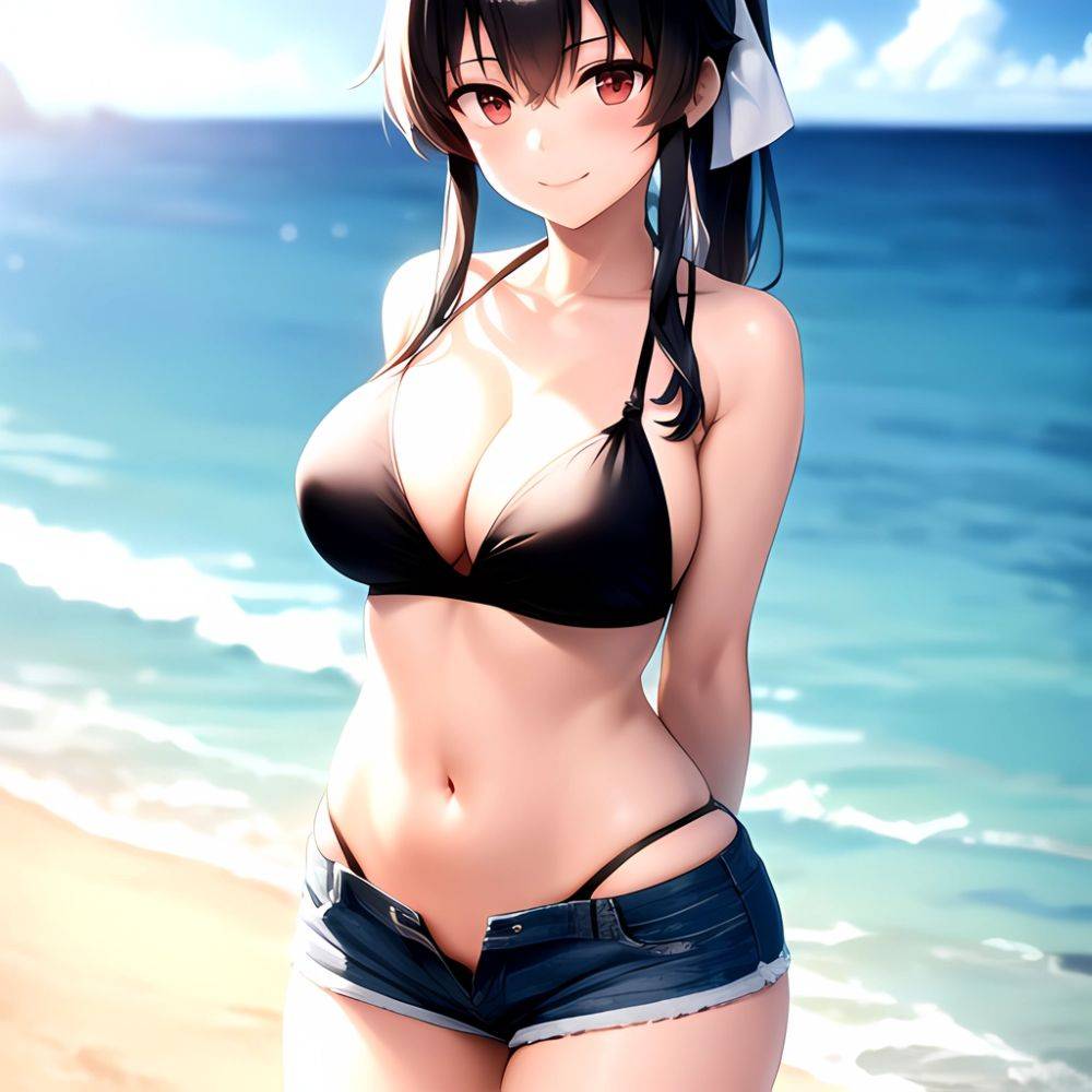 1girl Arms Behind Back Beach Bikini Bikini Under Shorts Black Bikini Black Hair Blurry Blurry Background Breasts Cleavage Closed, 2336972979 - AIHentai - #main