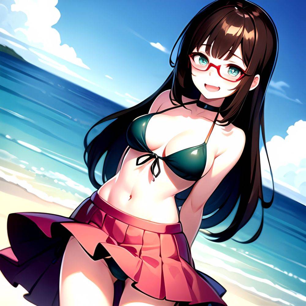 1girl D Bikini Bikini Bottom Aside Bikini Skirt Black Choker Blush Breasts Brown Hair Choker Cleavage Clothing Aside Front Tie, 907853262 - AIHentai - #main