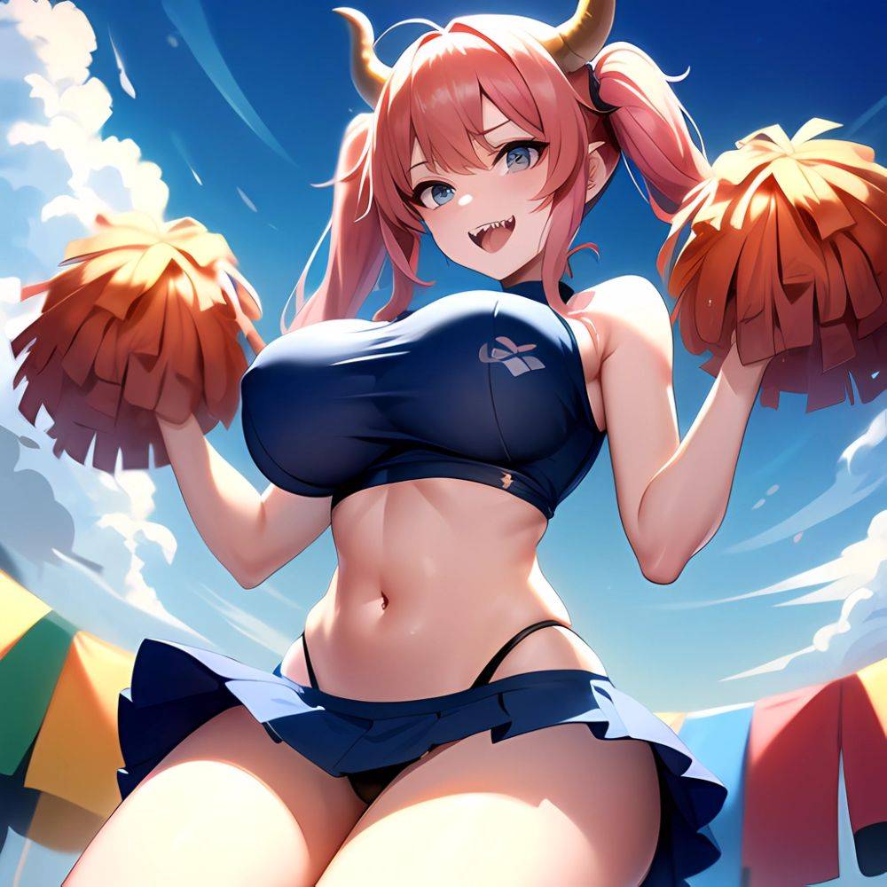 1girl Absurdres Blue Skirt Bluefrok Breasts Cheerleader Dragon Girl Dragon Horns Highres Holding Holding Pom Poms Horns Huge Bre, 503202902 - AIHentai - #main