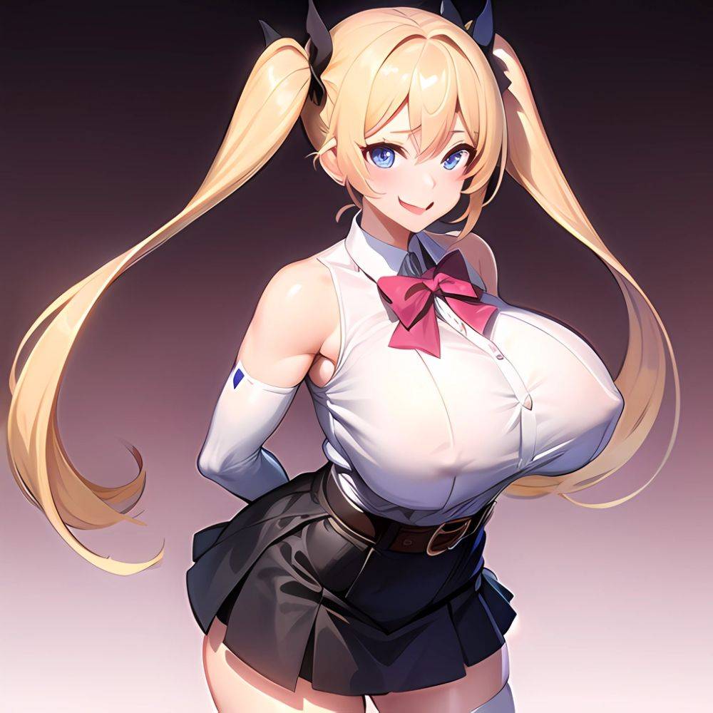 1girl Aymusk Belt Black Skirt Blonde Hair Blue Eyes Blush Bow Bowtie Breasts Curvy Elbow Gloves Fang Gloves Gradient Background, 2649821720 - AIHentai - #main