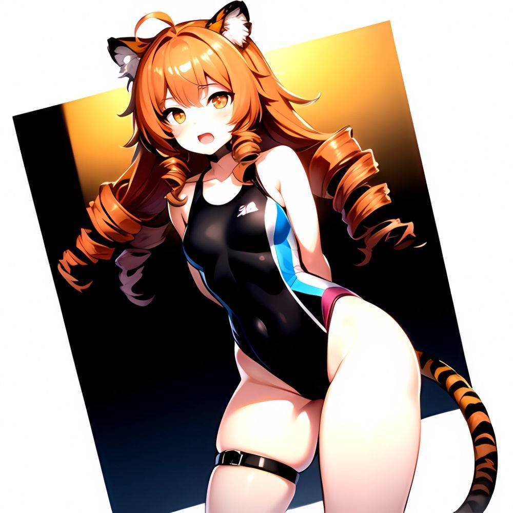 1girl Ahoge Animal Ears Arknights Black One Piece Swimsuit Blush Center Opening Drill Hair Drill Sidelocks Groin Highres Invisib, 3777682265 - AIHentai - #main
