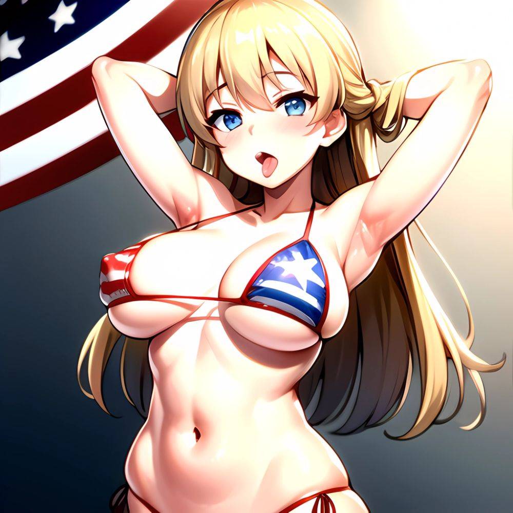 1girl American Flag Bikini Armpits Arms Behind Head Bikini Blonde Hair Blue Eyes Blush Breasts Covered Erect Nipples Flag Print, 3575253502 - AIHentai - #main