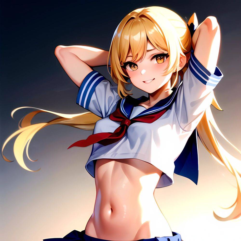 1girl Arms Up Arms Behind Head Blonde Hair Blue Skirt Bow Crop Top Crop Top Overhang Genshin Impact Gradient Background, 1190938602 - AIHentai - #main