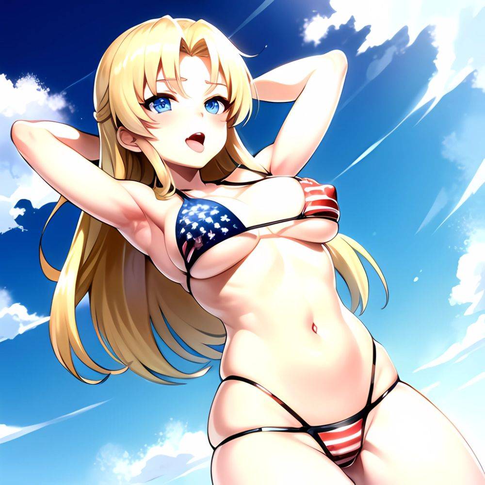 1girl American Flag Bikini Armpits Arms Behind Head Bikini Blonde Hair Blue Eyes Blush Breasts Covered Erect Nipples Flag Print, 3003951144 - AIHentai - #main