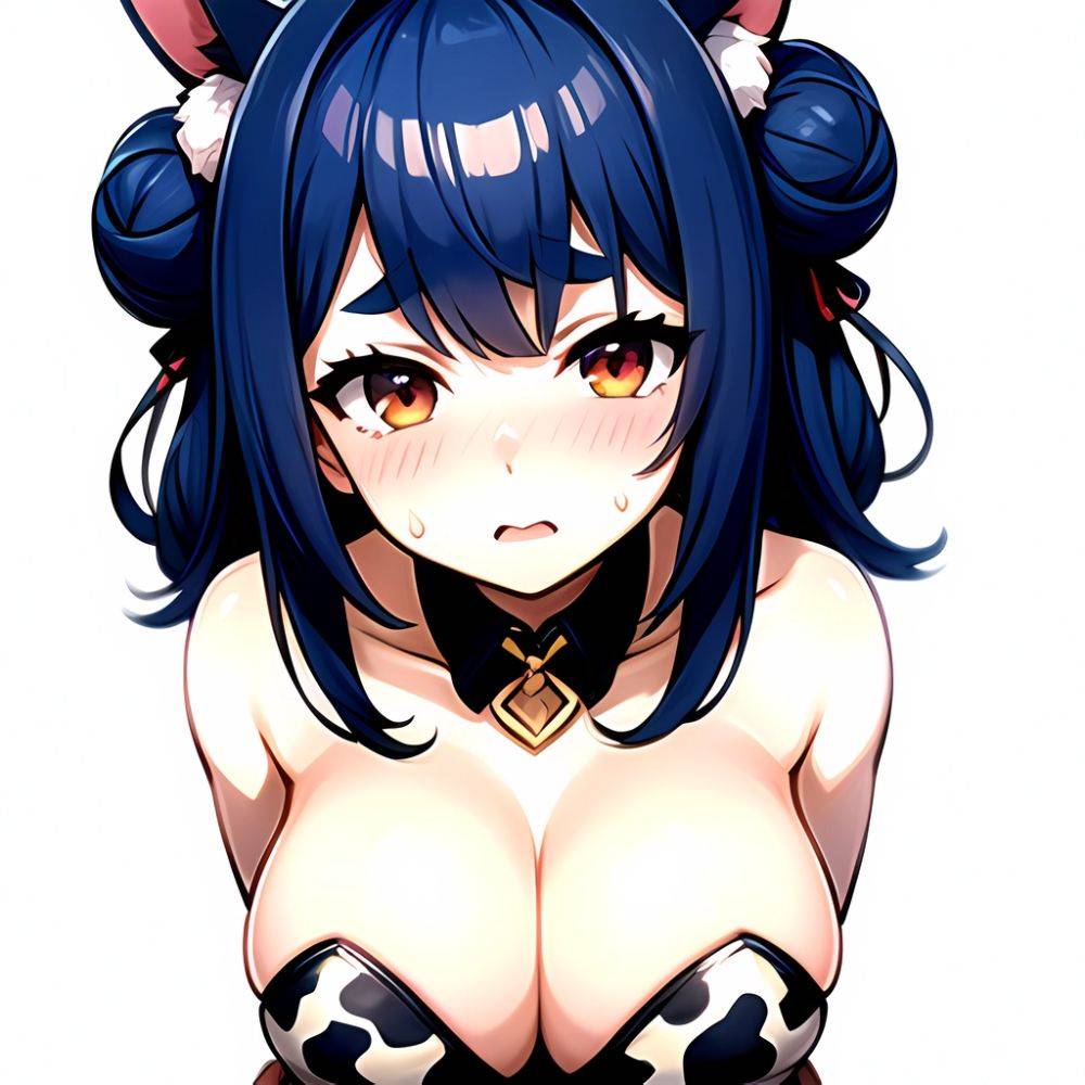 1girl Alternate Breast Size Animal Ear Fluff Animal Ears Animal Print Blue Hair Blush Breasts Cleavage Cutout Cow Print Double, 578870715 - AIHentai - #main