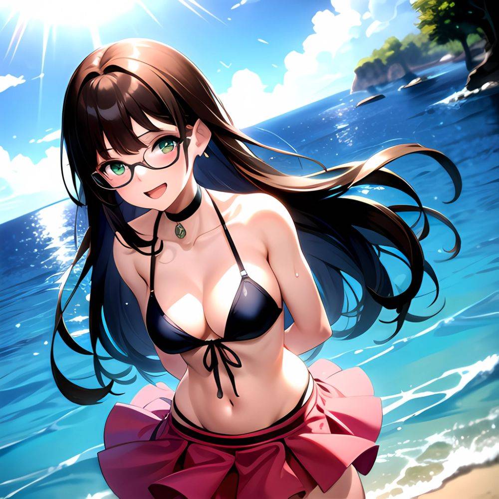 1girl D Bikini Bikini Bottom Aside Bikini Skirt Black Choker Blush Breasts Brown Hair Choker Cleavage Clothing Aside Front Tie, 1650579398 - AIHentai - #main