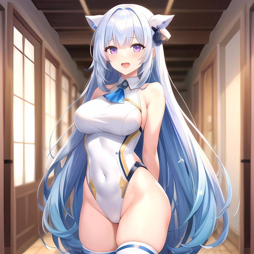 1girl Absurdres Bare Shoulders Batta 16 Sei Between Breasts Blue Hair Blunt Bangs Breasts Covered Navel Gem Gradient Hair Hair, 3637711590 - AIHentai - #main