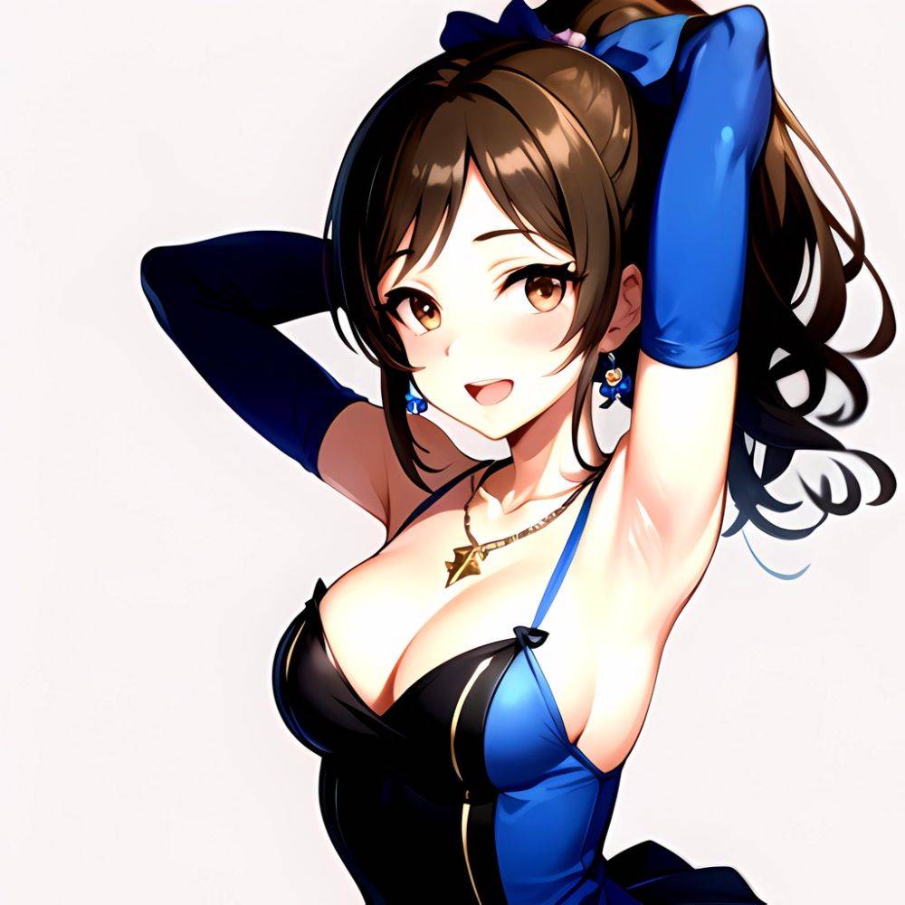 1girl Absurdres Armpits Arms Up Ayase Honoka Black Gloves Blue Bow Blue Dress Blush Bow Breasts Brown Eyes Brown Hair, 2216573083 - AIHentai - #main