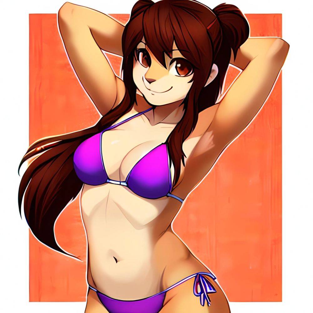 1girl Armpits Arms Behind Head Bikini Brown Eyes Brown Hair Cowboy Shot Dot Nose Flat Chest From Side Hair Ornament, 3482454741 - AIHentai - #main