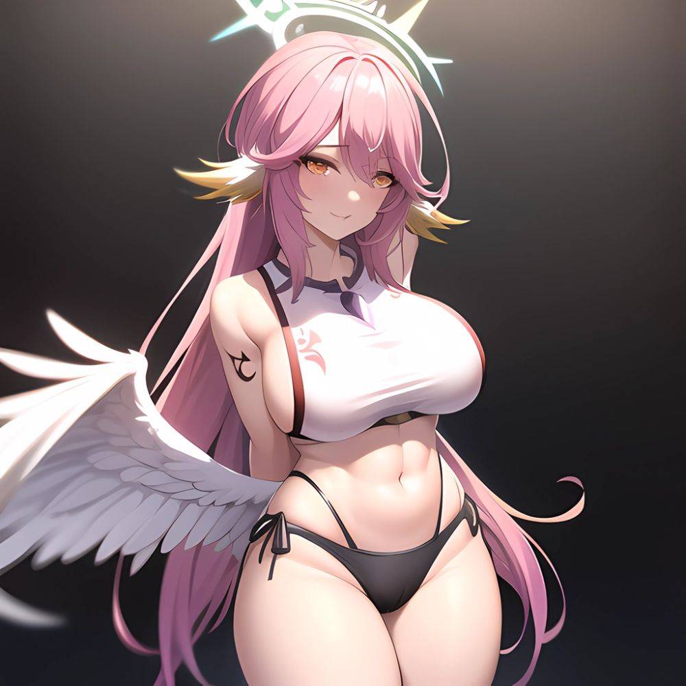 Jibril Anime Absurdres Long Hair Pink Hair Halo Large Breasts Tattoo Cleavage Sideboob Midriff Asymmetrical Legwear Mismatched L, 2729829126 - AIHentai - #main