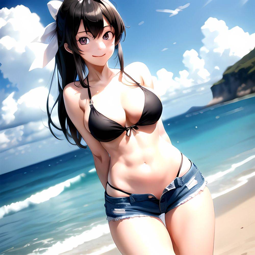 1girl Arms Behind Back Beach Bikini Bikini Under Shorts Black Bikini Black Hair Blurry Blurry Background Breasts Cleavage Closed, 3719292426 - AIHentai - #main