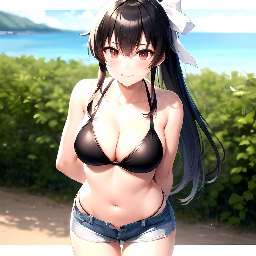 1girl Arms Behind Back Beach Bikini Bikini Under Shorts Black Bikini Black Hair Blurry Blurry Background Breasts Cleavage Closed, 1696152126 - AIHentai - #main