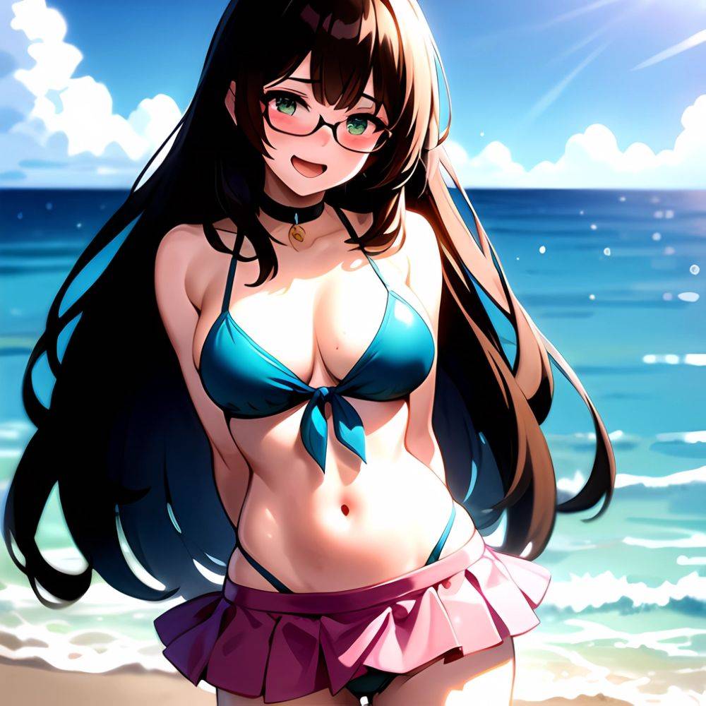1girl D Bikini Bikini Bottom Aside Bikini Skirt Black Choker Blush Breasts Brown Hair Choker Cleavage Clothing Aside Front Tie, 1274406738 - AIHentai - #main