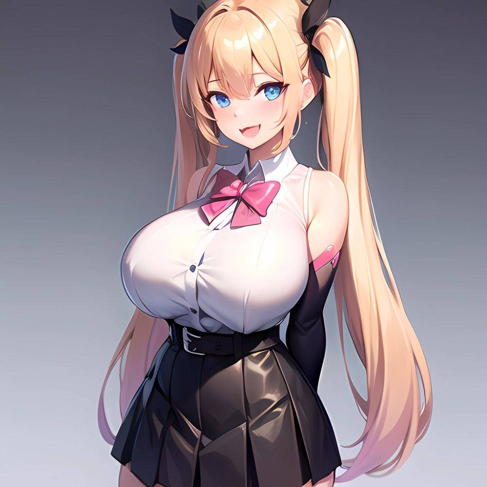 1girl Aymusk Belt Black Skirt Blonde Hair Blue Eyes Blush Bow Bowtie Breasts Curvy Elbow Gloves Fang Gloves Gradient Background, 4138312282 - AIHentai - #main