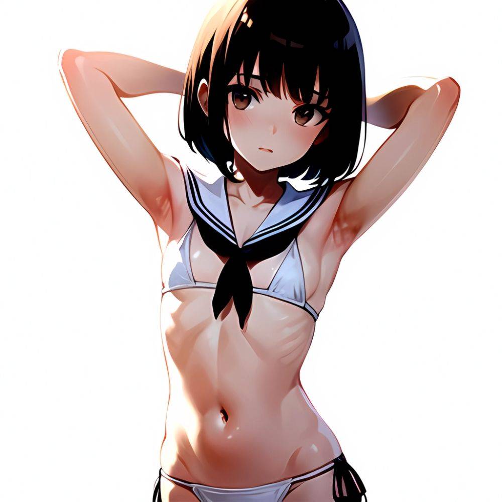 1girl Arms Up Arms Behind Head Bikini Bob Cut Brown Eyes Brown Hair Cosplay Cowboy Shot Flat Chest Headgear Inverted, 2285842052 - AIHentai - #main