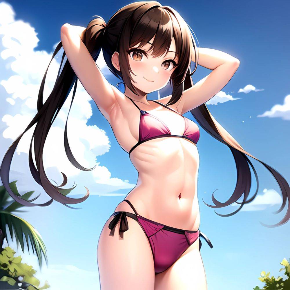 1girl Armpits Arms Behind Head Bikini Brown Eyes Brown Hair Cowboy Shot Dot Nose Flat Chest From Side Hair Ornament, 787666877 - AIHentai - #main
