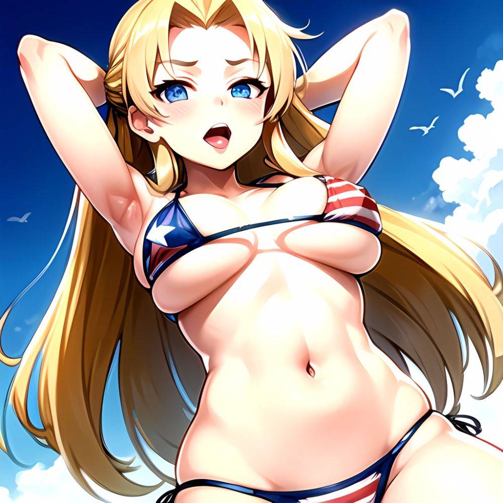 1girl American Flag Bikini Armpits Arms Behind Head Bikini Blonde Hair Blue Eyes Blush Breasts Covered Erect Nipples Flag Print, 3844148965 - AIHentai - #main