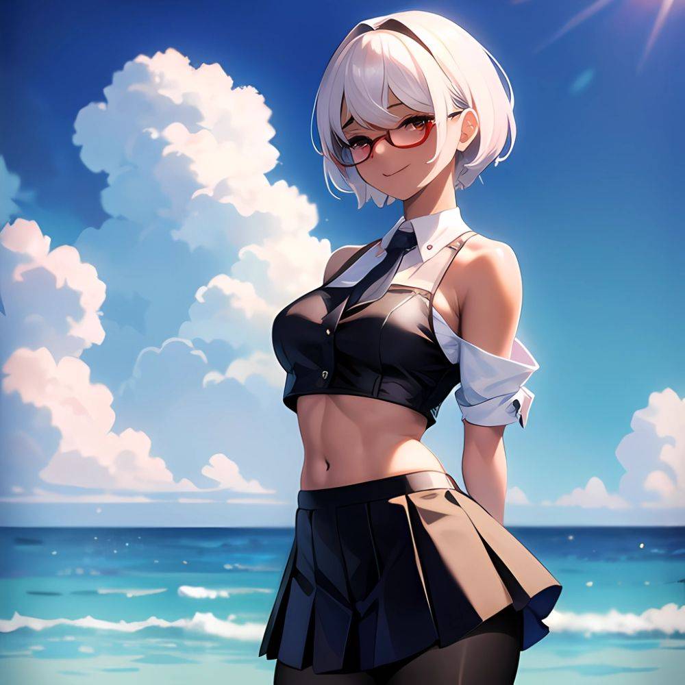 1girl Aircraft Bird Breasts Cloud Cloudy Sky Cowboy Shot Curtsey Dark Skinned Female Dark Skin Day Flashing Glasses Looking At, 776959138 - AIHentai - #main