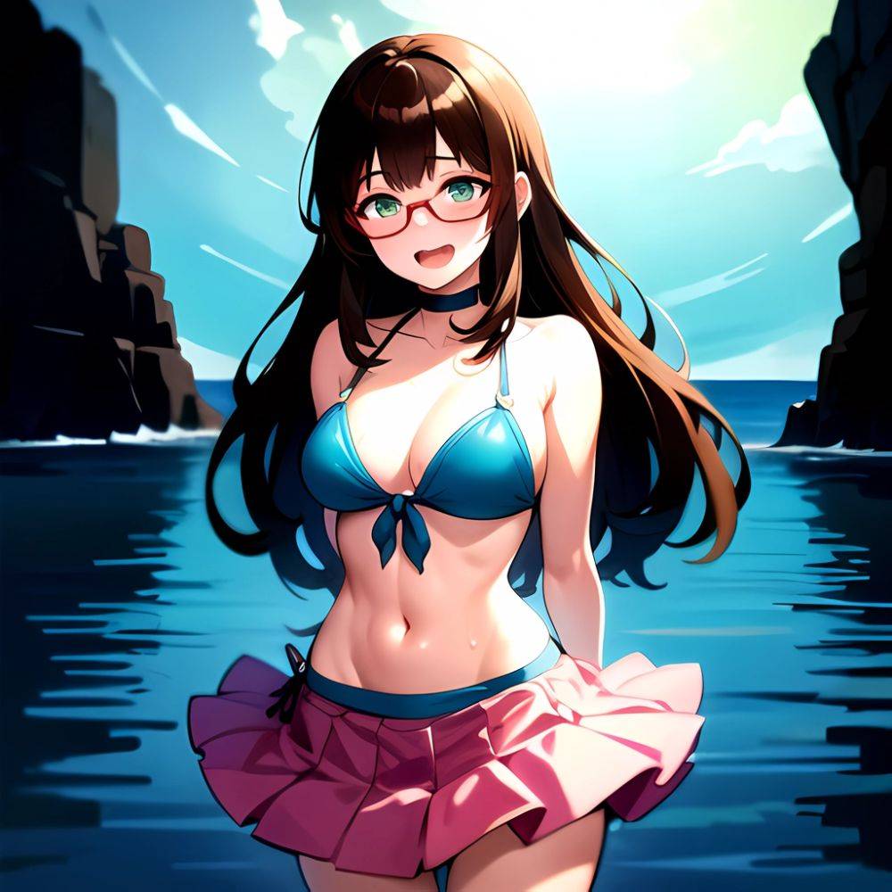 1girl D Bikini Bikini Bottom Aside Bikini Skirt Black Choker Blush Breasts Brown Hair Choker Cleavage Clothing Aside Front Tie, 3811102600 - AIHentai - #main