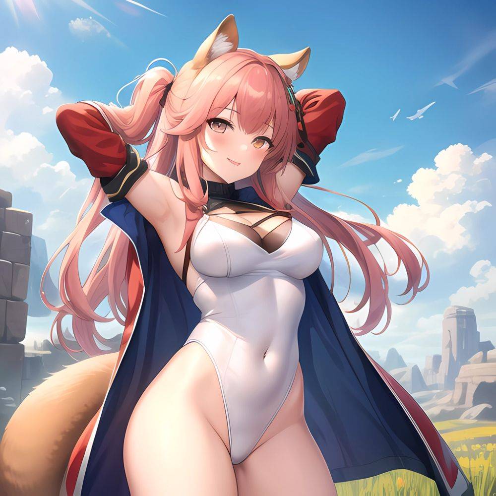 1girl Absurdres Animal Ear Fluff Animal Ears Arknights Arms Behind Head Chest Armor Covered Navel Gravel Arknights Highleg Highl, 3089217315 - AIHentai - #main