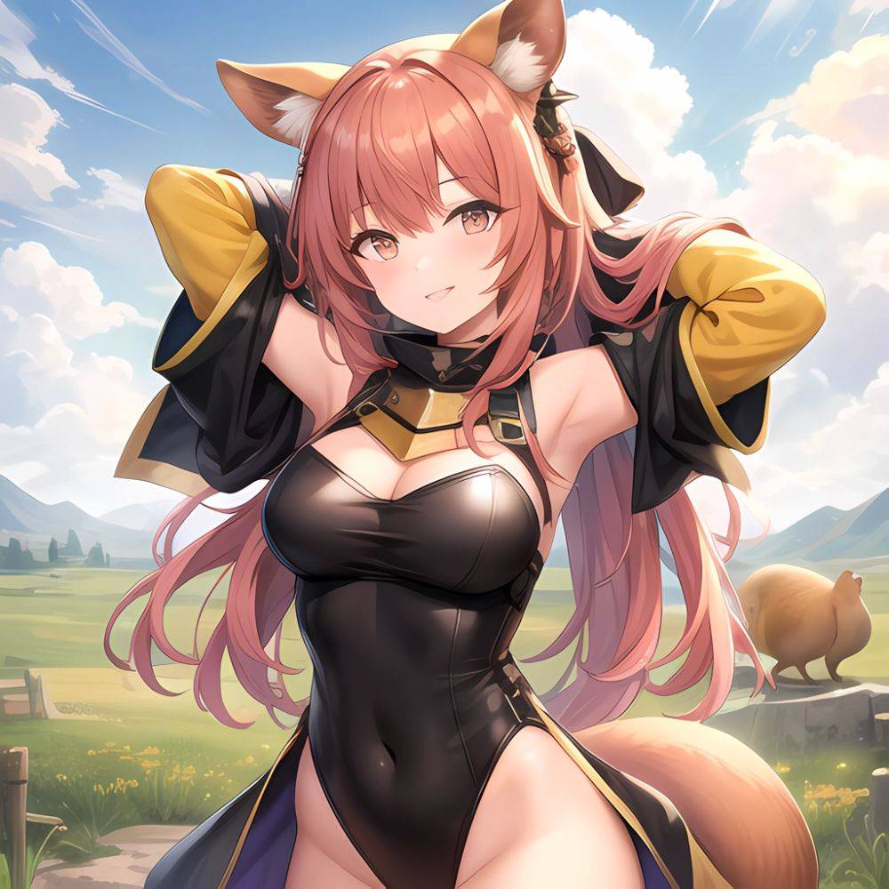 1girl Absurdres Animal Ear Fluff Animal Ears Arknights Arms Behind Head Chest Armor Covered Navel Gravel Arknights Highleg Highl, 3993872828 - AIHentai - #main