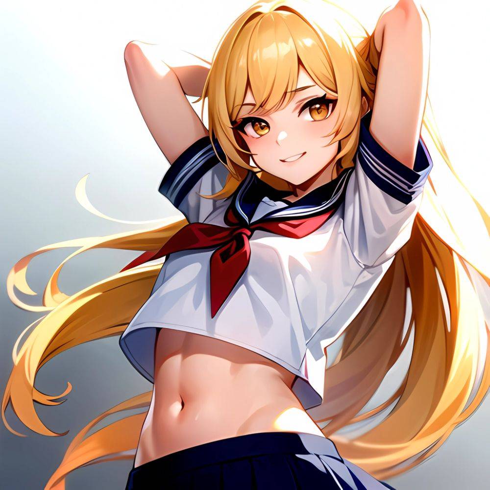 1girl Arms Up Arms Behind Head Blonde Hair Blue Skirt Bow Crop Top Crop Top Overhang Genshin Impact Gradient Background, 3223118557 - AIHentai - #main