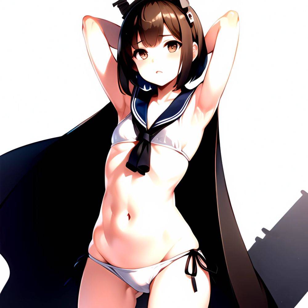 1girl Arms Up Arms Behind Head Bikini Bob Cut Brown Eyes Brown Hair Commentary Request Cosplay Cowboy Shot Flat Chest, 1590079815 - AIHentai - #main