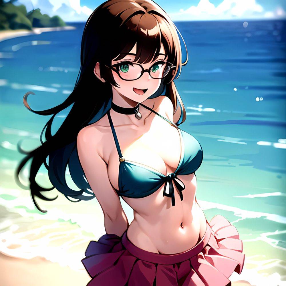 1girl D Bikini Bikini Bottom Aside Bikini Skirt Black Choker Blush Breasts Brown Hair Choker Cleavage Clothing Aside Front Tie, 768523896 - AIHentai - #main