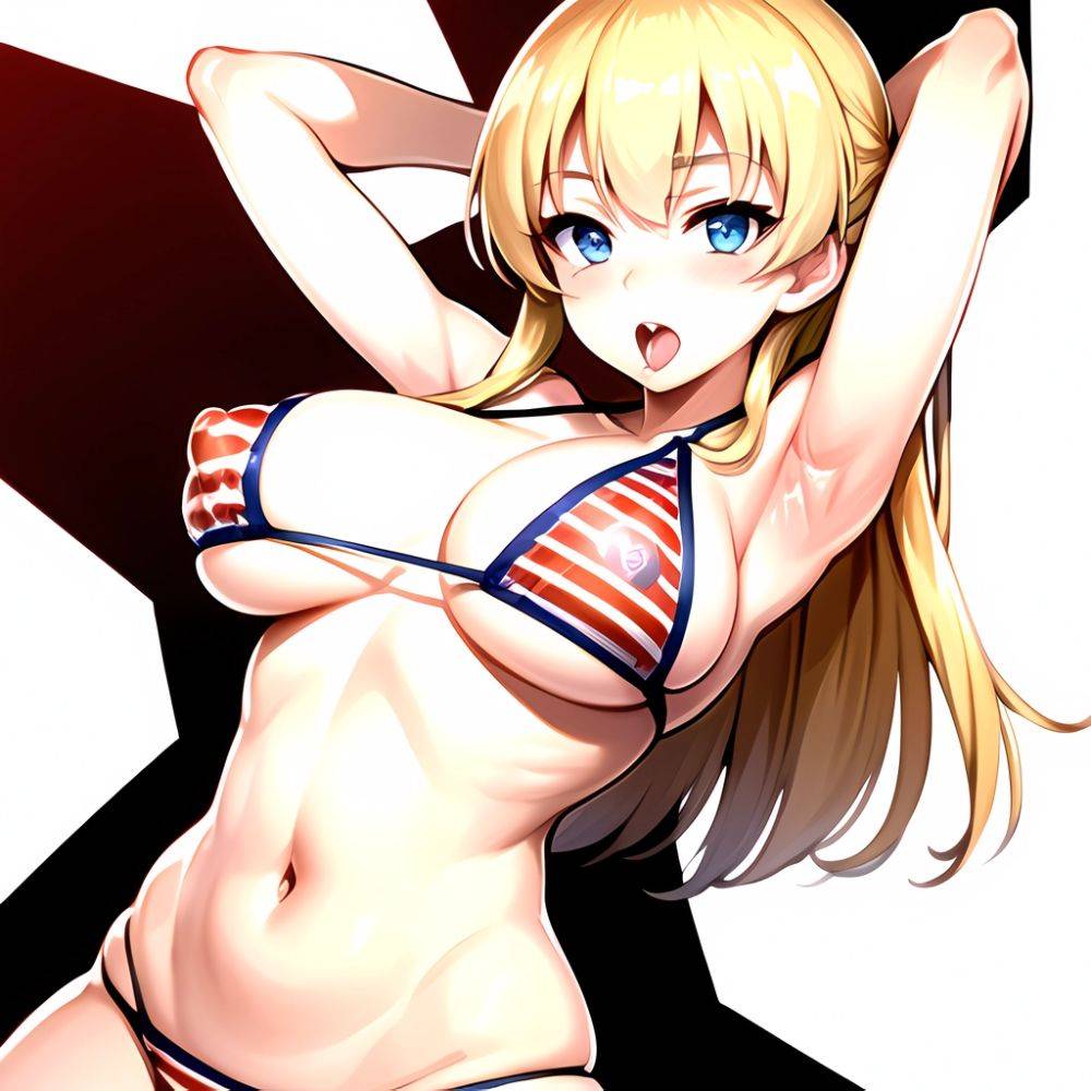 1girl American Flag Bikini Armpits Arms Behind Head Bikini Blonde Hair Blue Eyes Blush Breasts Covered Erect Nipples Flag Print, 1055574070 - AIHentai - #main