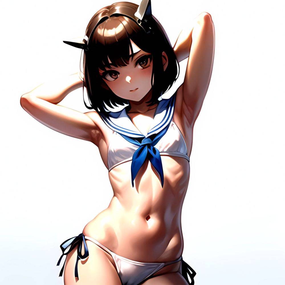 1girl Arms Up Arms Behind Head Bikini Bob Cut Brown Eyes Brown Hair Cosplay Cowboy Shot Flat Chest Headgear Inverted, 3997735819 - AIHentai - #main