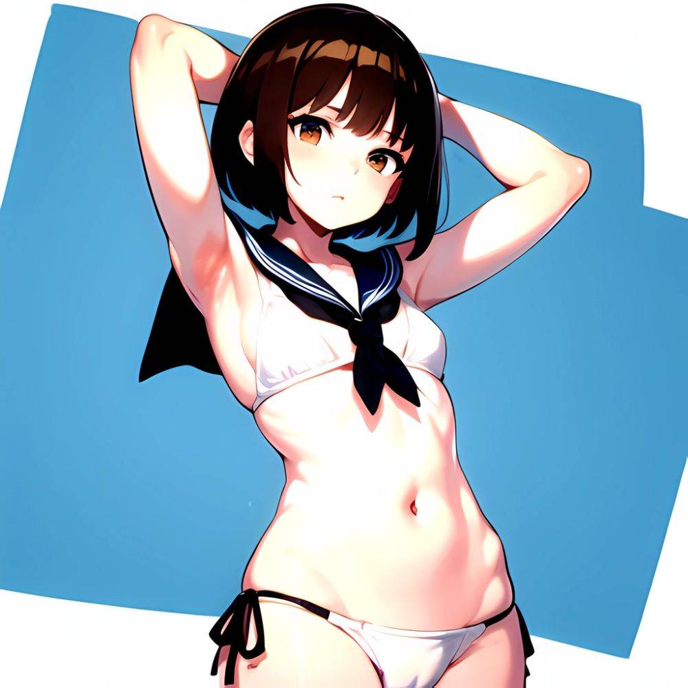 1girl Arms Up Arms Behind Head Bikini Bob Cut Brown Eyes Brown Hair Commentary Request Cosplay Cowboy Shot Flat Chest, 2326371451 - AIHentai - #main