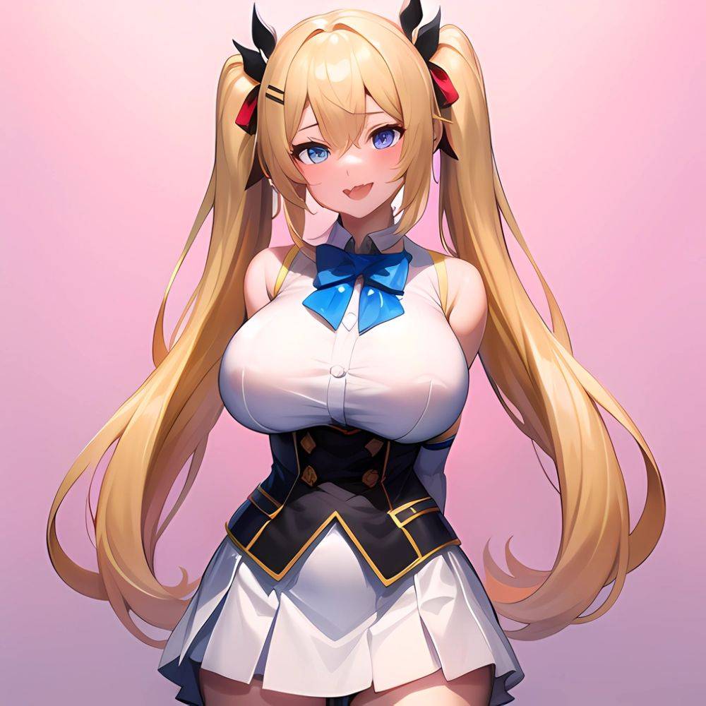 1girl Aymusk Belt White Skirt Blonde Hair Blue Eyes Blush Bow Bowtie Breasts Curvy Elbow Gloves Fang Gloves Gradient Background, 2323180738 - AIHentai - #main