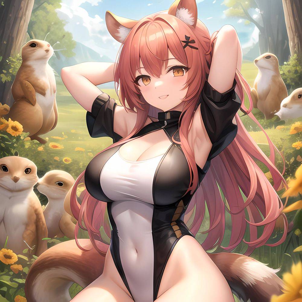 1girl Absurdres Animal Ear Fluff Animal Ears Arknights Arms Behind Head Chest Armor Covered Navel Gravel Arknights Highleg Highl, 1571115022 - AIHentai - #main