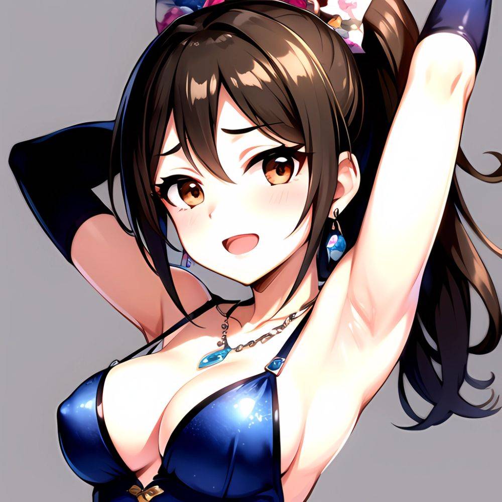 1girl Absurdres Armpits Arms Up Ayase Honoka Black Gloves Blue Bow Blue Dress Blush Bow Breasts Brown Eyes Brown Hair, 2025660272 - AIHentai - #main