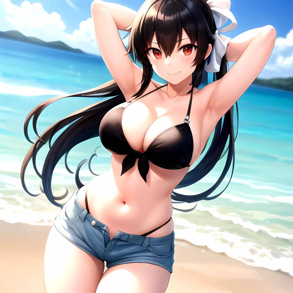 1girl Arms Behind Head Armpits Beach Bikini Bikini Under Shorts Black Bikini Black Hair Blurry Blurry Background Breasts Cleavag, 2737104600 - AIHentai - #main