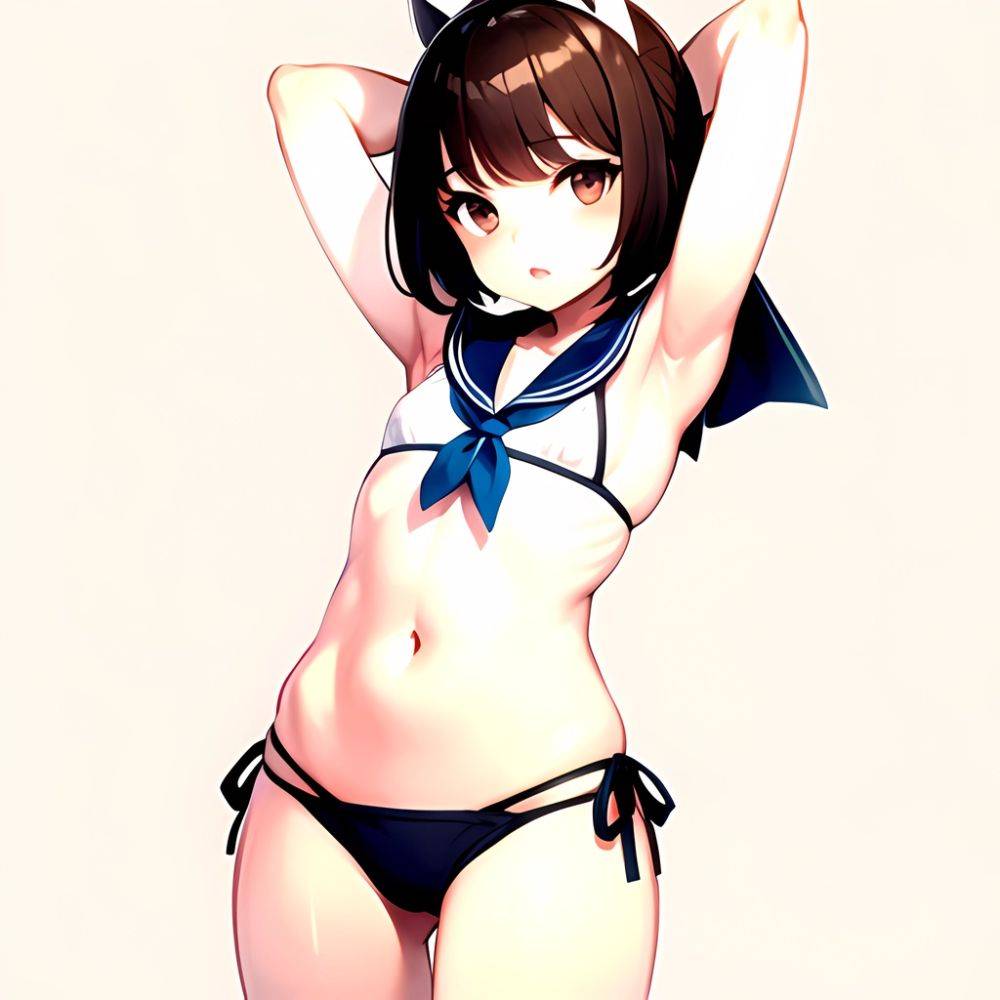 1girl Arms Up Arms Behind Head Bikini Bob Cut Brown Eyes Brown Hair Cosplay Cowboy Shot Flat Chest Headgear Inverted, 4106521712 - AIHentai - #main