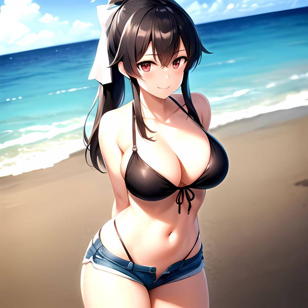 1girl Arms Behind Back Beach Bikini Bikini Under Shorts Black Bikini Black Hair Blurry Blurry Background Breasts Cleavage Closed, 2159840772 - AIHentai - #main