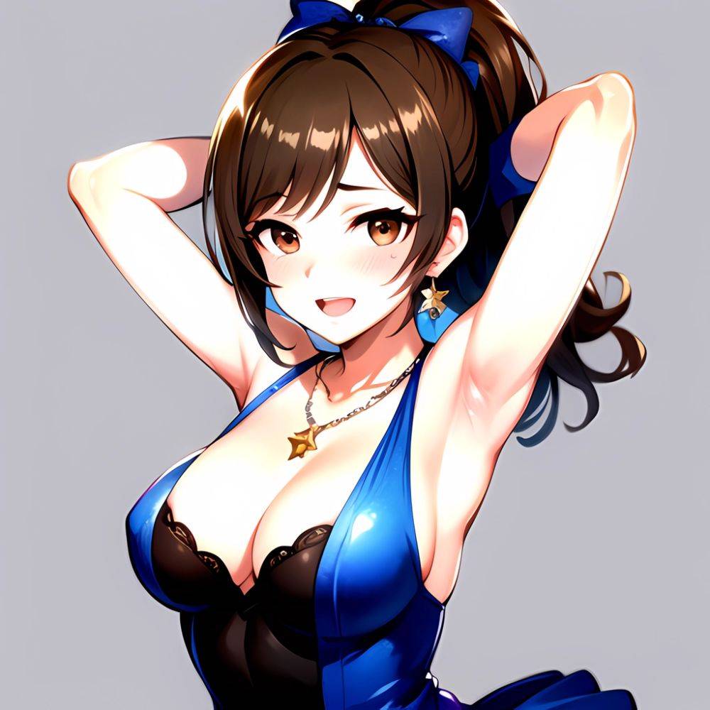 1girl Absurdres Armpits Arms Up Ayase Honoka Black Gloves Blue Bow Blue Dress Blush Bow Breasts Brown Eyes Brown Hair, 766329138 - AIHentai - #main