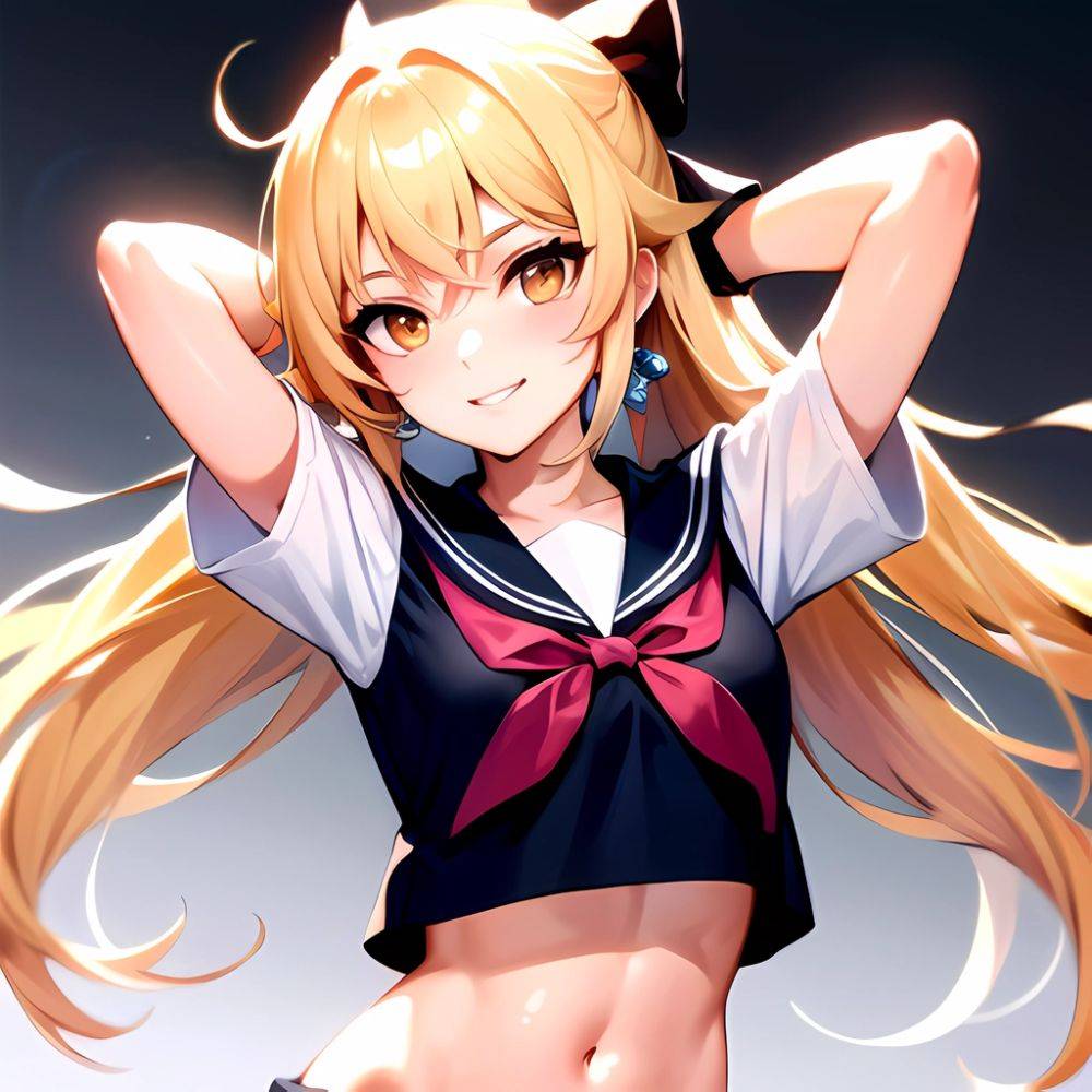 1girl Arms Up Arms Behind Head Blonde Hair Blue Skirt Bow Crop Top Crop Top Overhang Genshin Impact Gradient Background, 4173854614 - AIHentai - #main