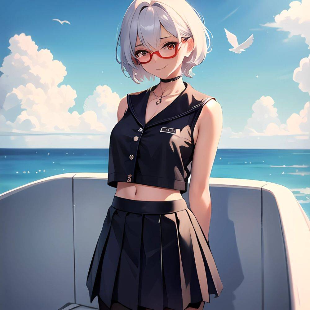 1girl Aircraft Bird Breasts Cloud Cloudy Sky Cowboy Shot Curtsey Dark Skinned Female Dark Skin Day Flashing Glasses Looking At, 2751504826 - AIHentai - #main