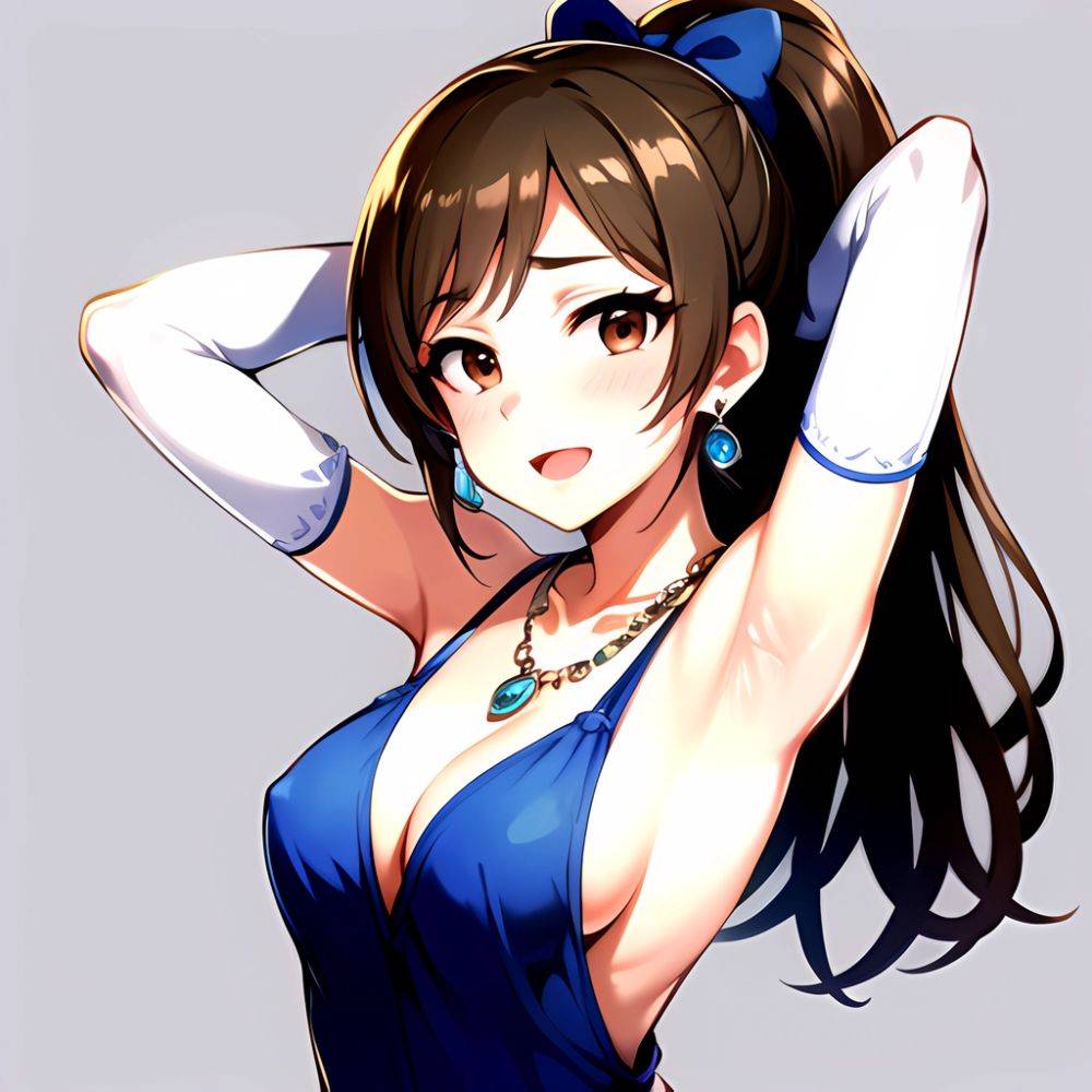 1girl Absurdres Armpits Arms Up Ayase Honoka Black Gloves Blue Bow Blue Dress Blush Bow Breasts Brown Eyes Brown Hair, 2040556353 - AIHentai - #main