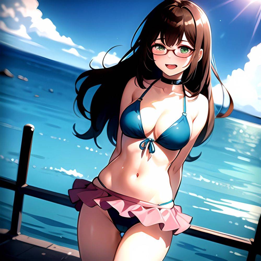 1girl D Bikini Bikini Bottom Aside Bikini Skirt Black Choker Blush Breasts Brown Hair Choker Cleavage Clothing Aside Front Tie, 200198403 - AIHentai - #main
