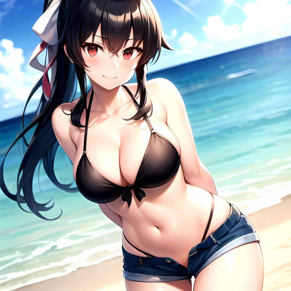 1girl Arms Behind Back Beach Bikini Bikini Under Shorts Black Bikini Black Hair Blurry Blurry Background Breasts Cleavage Closed, 896265247 - AIHentai - #main