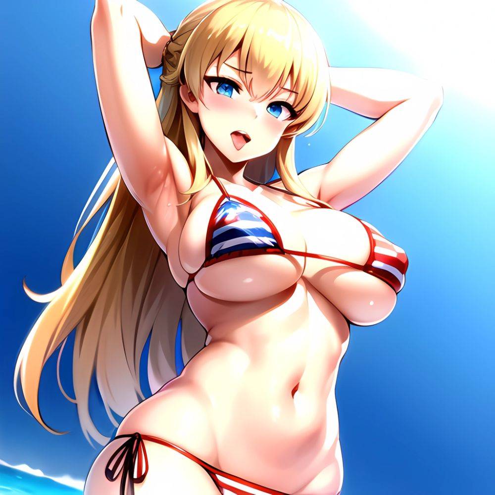 1girl American Flag Bikini Armpits Arms Behind Head Bikini Blonde Hair Blue Eyes Blush Breasts Covered Erect Nipples Flag Print, 4023258714 - AIHentai - #main