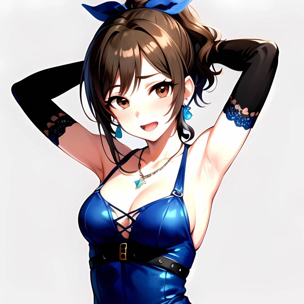 1girl Absurdres Armpits Arms Up Ayase Honoka Black Gloves Blue Bow Blue Dress Blush Bow Breasts Brown Eyes Brown Hair, 4000884435 - AIHentai - #main