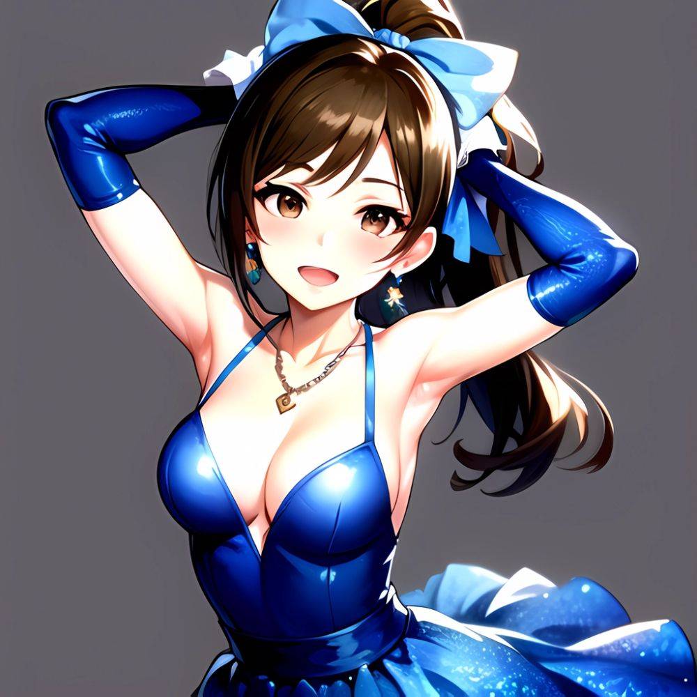 1girl Absurdres Armpits Arms Up Ayase Honoka Black Gloves Blue Bow Blue Dress Blush Bow Breasts Brown Eyes Brown Hair, 3637777112 - AIHentai - #main