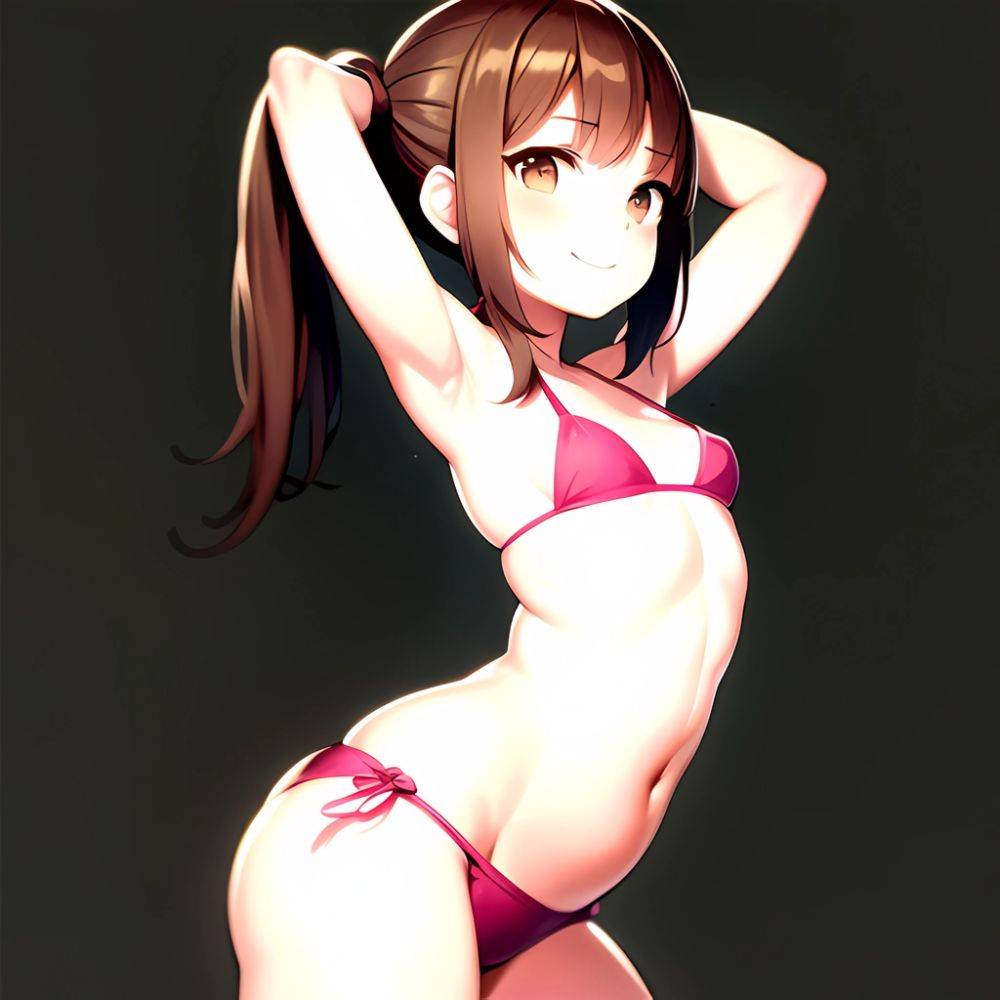 1girl Armpits Arms Behind Head Bikini Brown Eyes Brown Hair Cowboy Shot Dot Nose Flat Chest From Side Hair Ornament, 3013798112 - AIHentai - #main